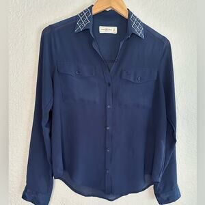 A&F Silver Crystal Collar Button Up Blouse Navy Blue 70s Glam Disco Party